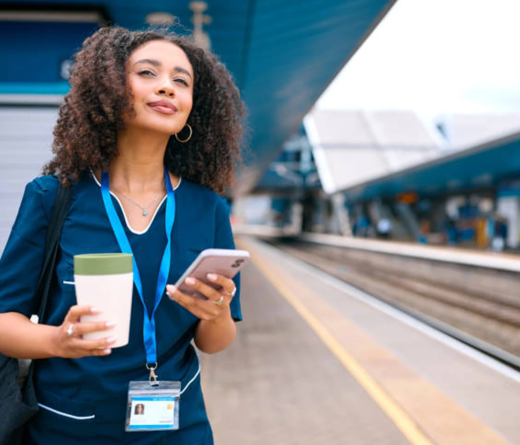 Healthcare staff waiting for train